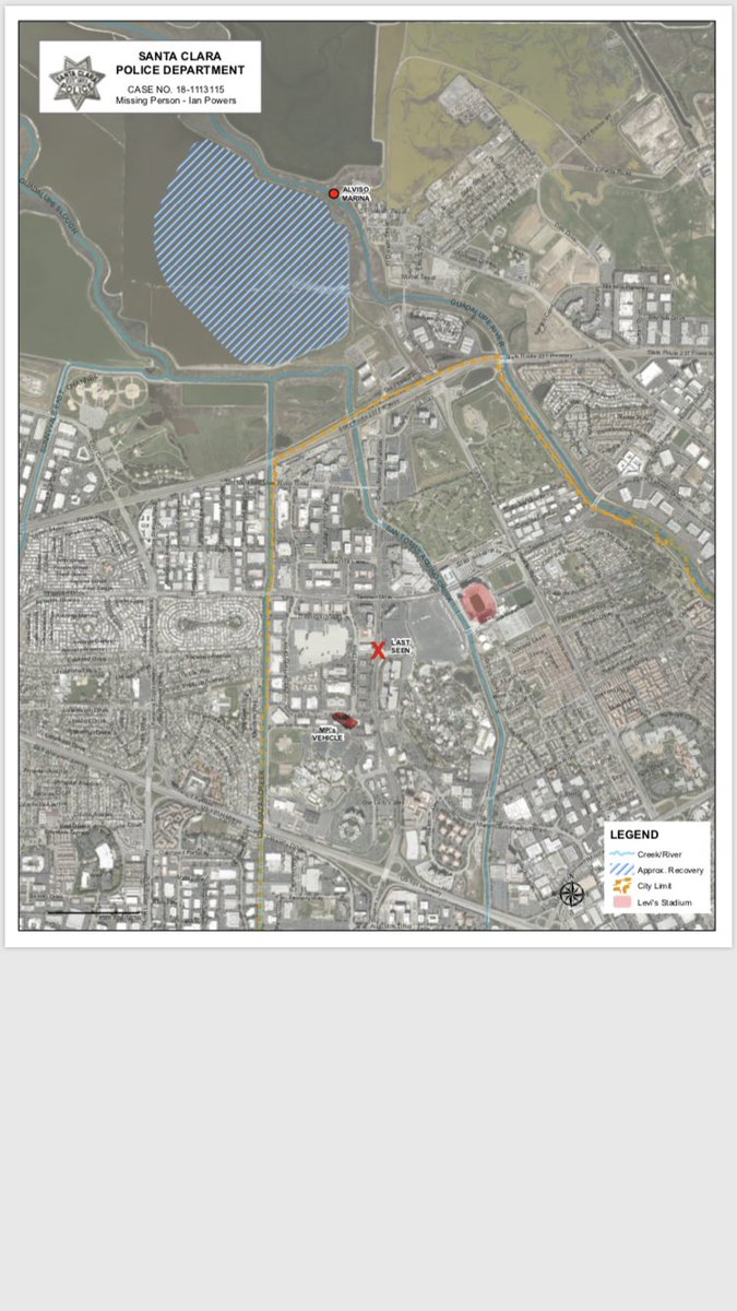 RHandaNBC's tweet photo. #SantaClara #Police confirm body found in Alviso by @sjpd Sat is missing #49er fan #IanPowers. Death ruled accidental. ‘Salt water drowning.’ @SantaClaraPD release this aerial photo w markers of where body found. https://t.co/wPTXlFLVLR