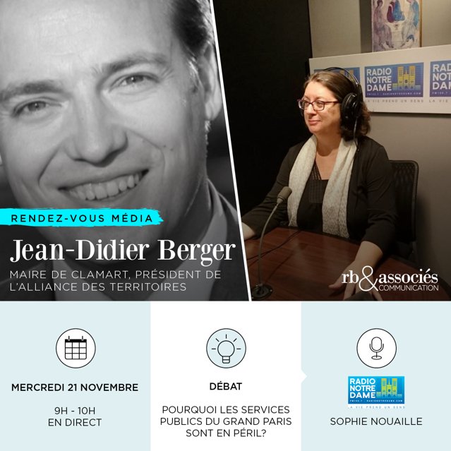🔴<a href="/JD_Berger/">Jean-Didier Berger</a> sera sur <a href="/radionotredame/">Radio Notre Dame</a> en direct demain mercredi 21 novembre, sur le plateau de En Quête de Sens, animé par @SophieNouaille, de 9h à 10h.
➡️ Sujet : Pourquoi les équipement et les services publics des communes du futur #GrandParis risquent de disparaître ?