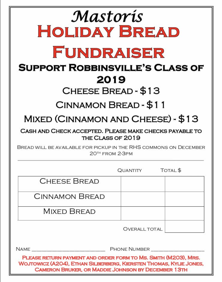 2019Rhs's tweet photo. The class of 2019 is selling Mastori’s holiday bread! The order forms and payment are due to Ms. Smith, Ms. Wojtowicz, or any of the class officers by December 13! The loaves will be available to pick up in the RHS commons December 20 from 2-3pm, just in time for the holidays! https://t.co/6eAgLcFacs