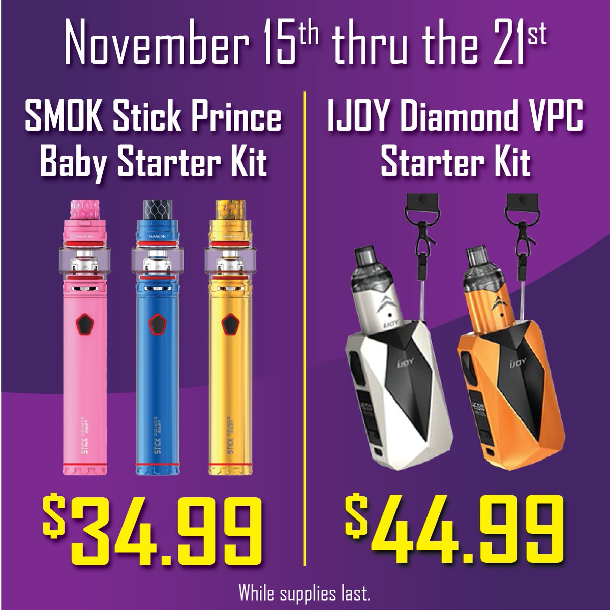 DFWvapor's tweet photo. Get the #SMOK Stick Prince Baby Starter Kit for the low price of $34.99. Or, get an #IJOY Diamond VPC Starter Kit for only $44.99. Be sure to watch for our #BlackFriday and #CyberMonday #Sales
#DFWVapor #Vaping #Vape #ElectronicCigarette https://t.co/mIiguvZCTl