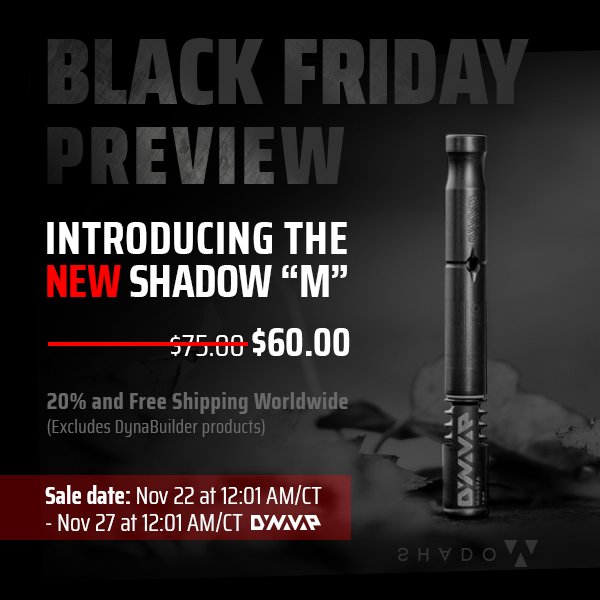 DynaVap's tweet photo. The Black Friday Sale begins on Thursday!  Learn more about The Shadow "M" in our latest YouTube video: https://t.co/fTwBhZVFPf. #dynavap #vapcap #shadowm #blackfriday #sale https://t.co/BfrJPjfji4