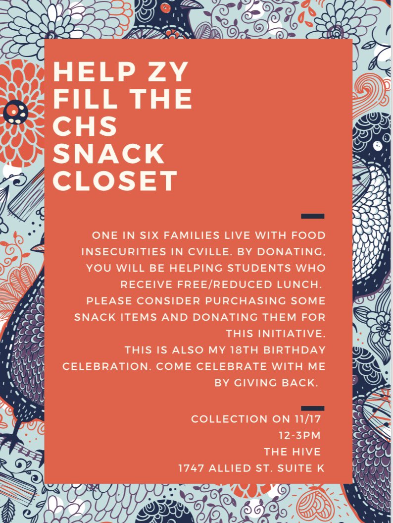ZyahnaB's tweet photo. 1 in 6 families in cville live w/ food insecurities. 

For my 18th birthday, I collected over 1800 items to donate to my school’s snack closet, which is pretty much a food bank for students who don’t have food.

Shoutout to the community for helping make this happen!
#BKN https://t.co/bY3pinNAuT
