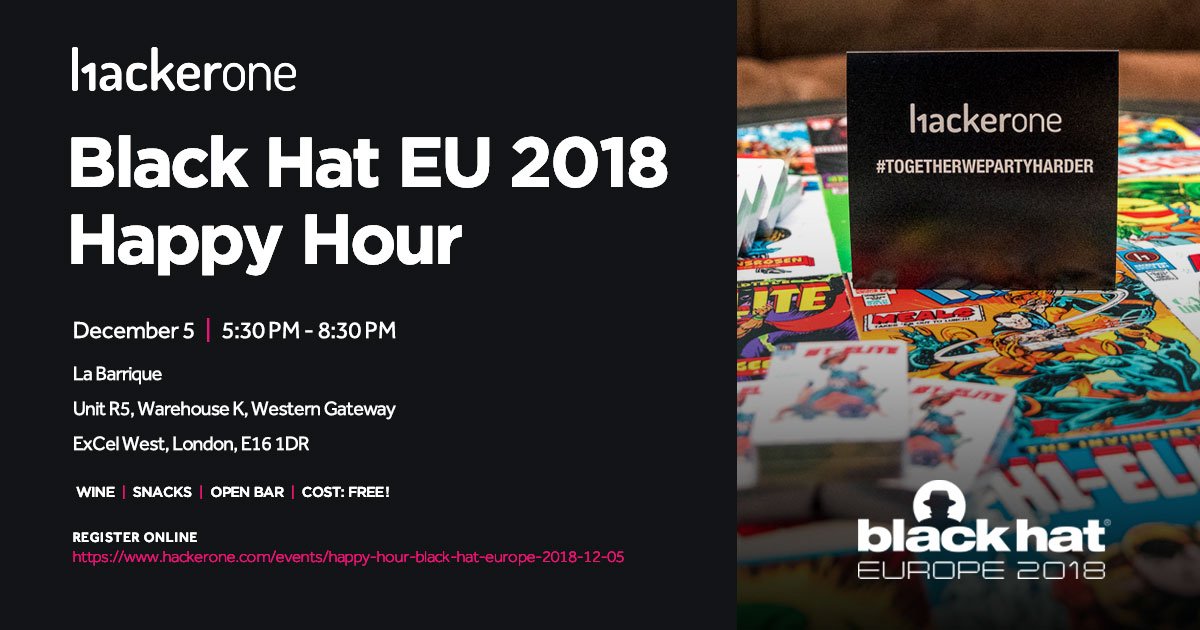 Hacker0x01's tweet photo. We'll be exhibiting at @BlackHatEvents and will be hosting a special Happy Hour on the 5th December! Whether it's a drink, un verre or ein Absacker, we would love you to join us! https://t.co/11r4ZoRDY0 https://t.co/gtBv8PUalM