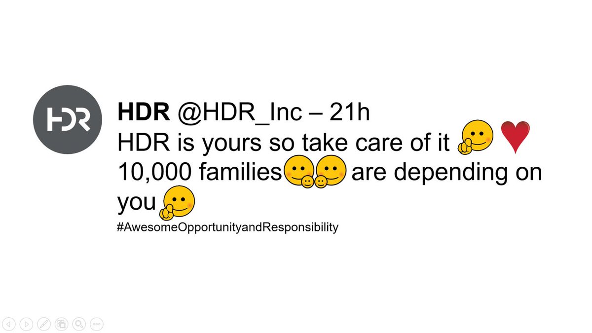 tom4sanders's tweet photo. @HDR_Inc WOW - in 42 seconds Jared tells about the awesome opportunity; and responsibility, that my #HDR colleagues have with employee ownership. 22 years of #ESOP and just getting started! #GetReadyNextGen #WeOwnThePlace #ControlOfDestiny https://t.co/yNK86GSxUO