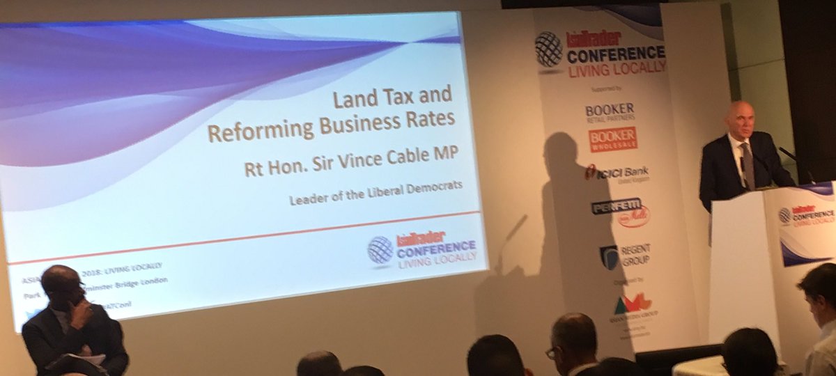 vincecable's tweet photo. Spoke this afternoon at @AsianTrader conference with @CliveMyrieBBC, about crippling business rates system, which penalises business improvement. I’ve been promoting @libdems plans to reform system in favour of a commercial land owner levy. #atconf https://t.co/INEn4jzhPl https://t.co/CpKLSzgafv