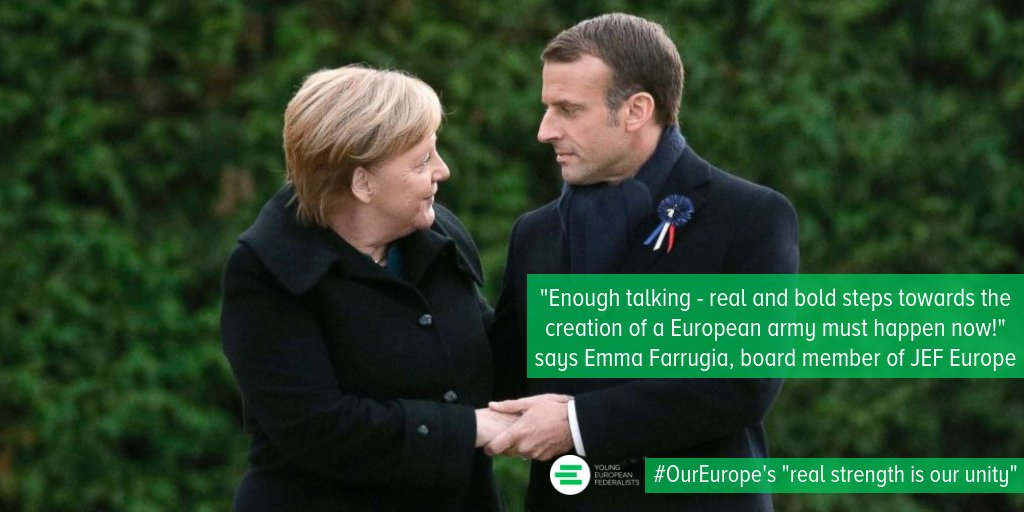 JEF_Europe's tweet photo. .@JEF_Europe welcomes President @EmmanuelMacron and Chancellor Merkel’s proposal for the creation of a #EuropeanArmy and calls for leaders to make decisive steps twd its realisation now. Read more: https://t.co/KeuwYZ2M5o https://t.co/EFwvfVLv9w