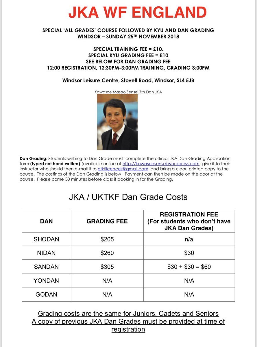 BristolKarate_'s tweet photo. JKA WF England presents a special 'all grades' course followed by Kyu and Dan Grading. 

🔜 Sunday 25th November 2018

#JKA #KyuGrading #DanGrading #BristolKarateCentre #kawasoesensei #karate https://t.co/Hs7qZWEY1B