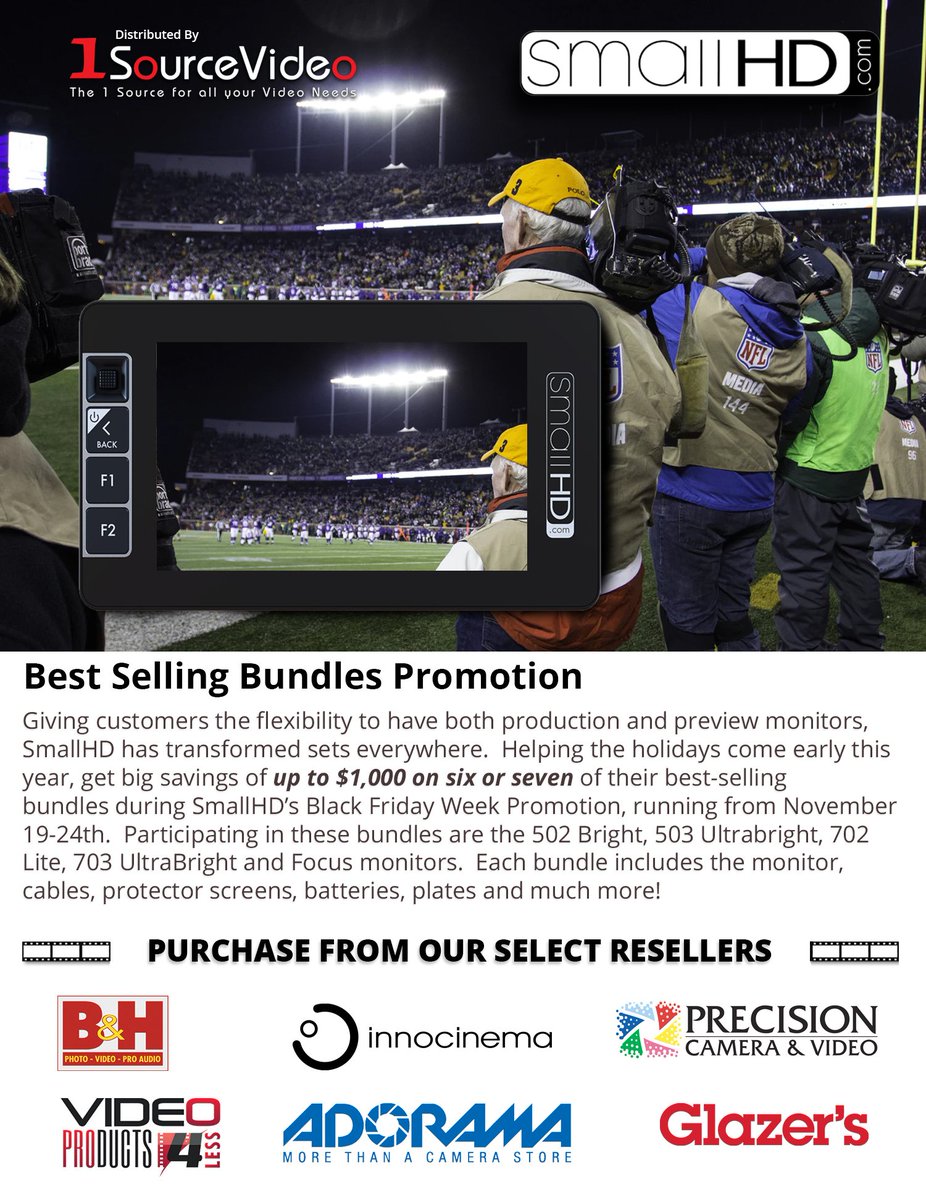 1sourcevideo's tweet photo. Get big savings of up to $1,000 on six or seven of their best-selling bundles during @SmallHD's Black Friday Week Promotion, running from November 19-24th. #SmallHD #1SourceVideo #DefiningDistribution #BandH #VP4L #Adorama #Innocinema #Glazer #PrecisionCamera https://t.co/MIIJNQqr2V