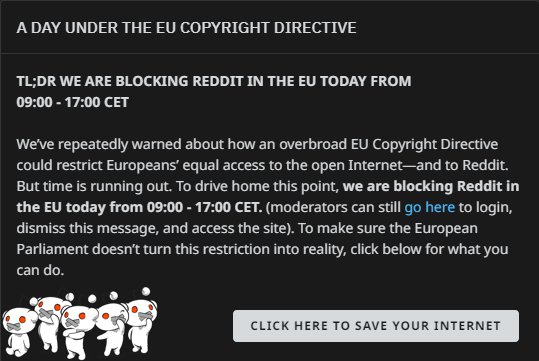 carlsson_daniel's tweet photo. Idag så blockerade Reddit sig själva i EU. Jag tror inte folk förstår hur illa det här kan bli i sluthändan. Don't Wreck The Net: https://t.co/fw2fpUdhXE #saveourinternet https://t.co/cA7Alr6cKT