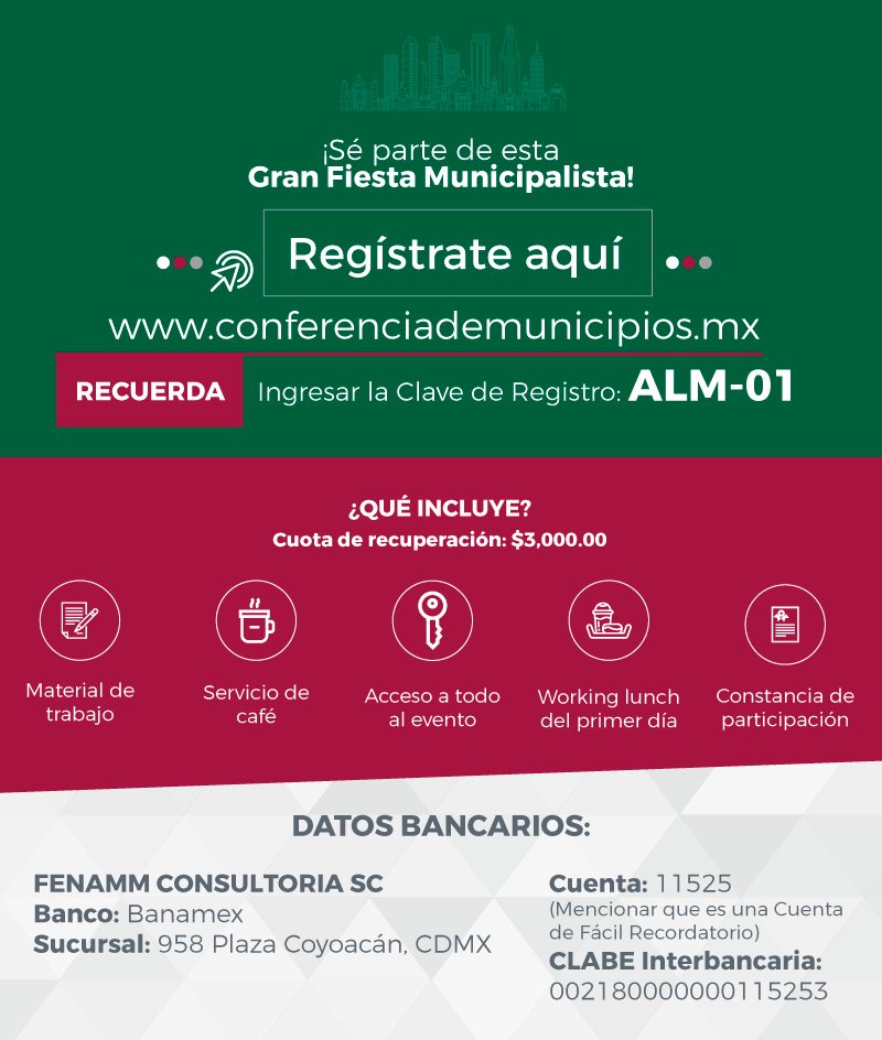 ¡Te esperamos en la <a href="/CAMunicipios/">CAM 2018</a> - Encuentro Nacional de Presidentes Municipales y Autoridades Locales que se llevará a cabo 26 y 27 de noviembre!
Regístrate en conferenciademunicipios.mx
Recuerda ingresar la clave de registro: ALM-01. 
#CAM2018 #LosMunicipiosHacemosFuerteAMéxico