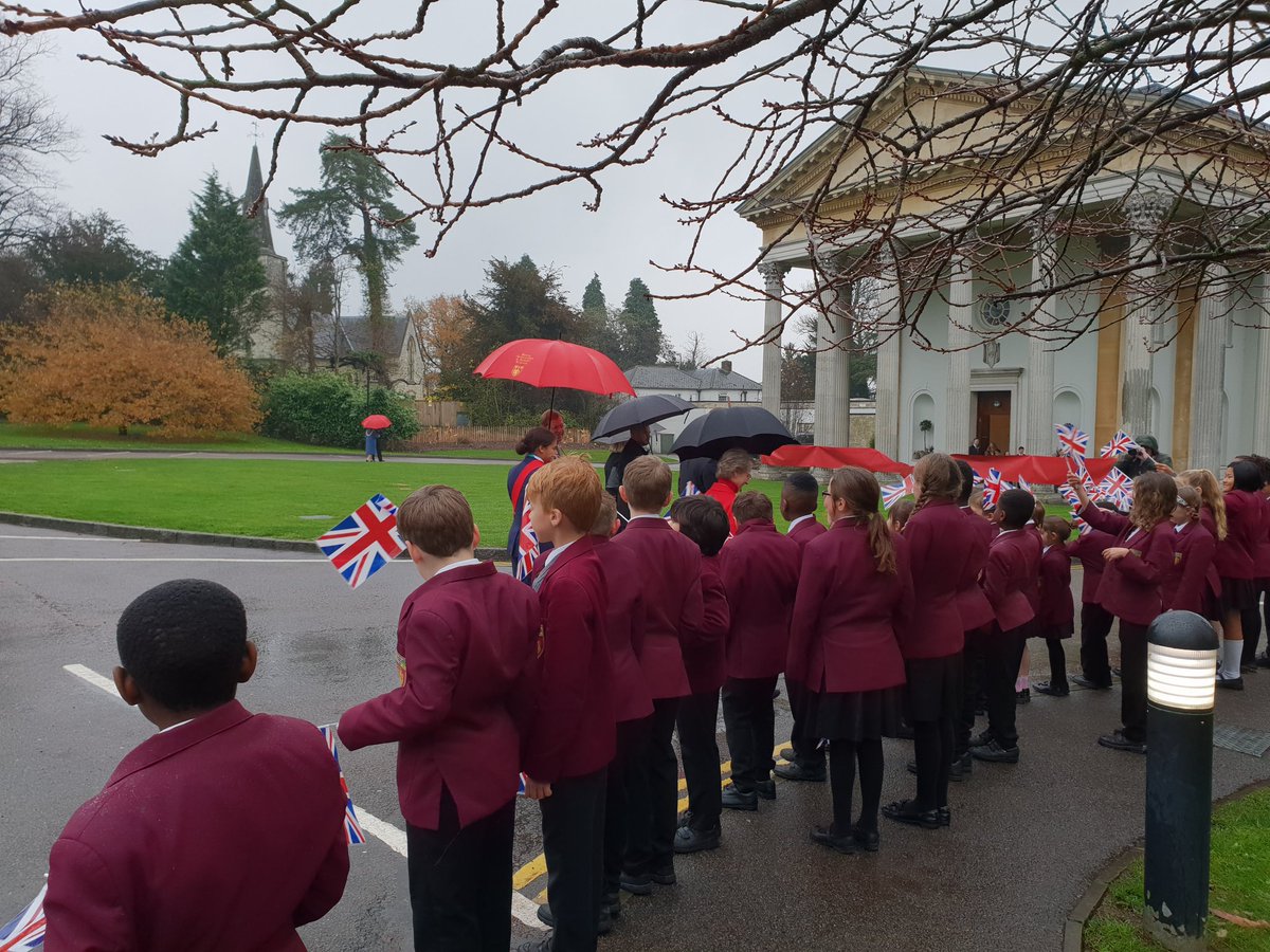 RAAJuniorSchool's tweet photo. A big well done to the Junior children for braving the cold and rain to welcome HRH the Duchess of Gloucester to the school so wonderfully! This was part of the school's 260th anniversary celebrations and to reopen Gatton Hall. 🇬🇧 https://t.co/KvtfxqMoq1