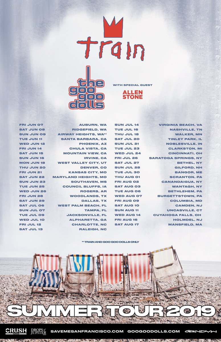 train's tweet photo. Look at all these beautiful cities we'll be performing in this summer ☀️🏖 Tickets for the Summer Tour 2019 with @googoodolls &amp; special guest @allen_stone are on sale now ---> https://t.co/DQuqPbrOKx https://t.co/hEb6I3KQKL