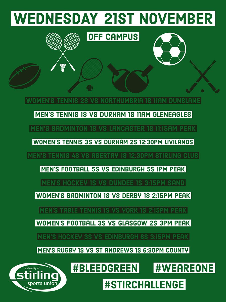 Stir_Sports's tweet photo. And just like that, it's time for another BUCS Wednesday 💪
Our home teams are representing all over Stirling (and beyond) tomorrow, but don't let that stop you from getting out to support them 💚
#BleedGreen #WeAreOne #StirChallenge #ChallengeYourself https://t.co/G4peUCIrJn