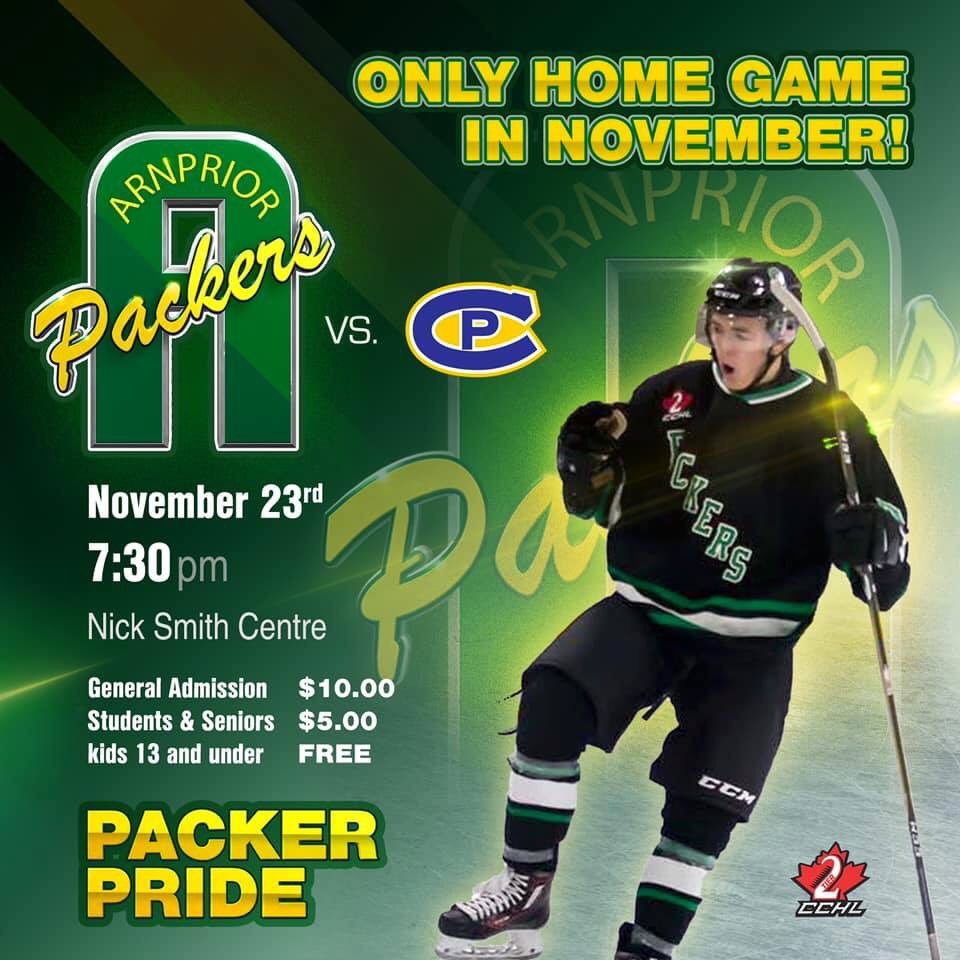 PackersHockey's tweet photo. 🔰FINALLY HOME🔰
Your Arnprior Packers return home after an extended road trip. Arnprior will be hosting Carleton Place Friday November 23rd at 7:30, in support of the Arnprior Legion and will have two members dropping puck at a ceremonial face off.
📸// @stare_productions https://t.co/TuvhACCJLw
