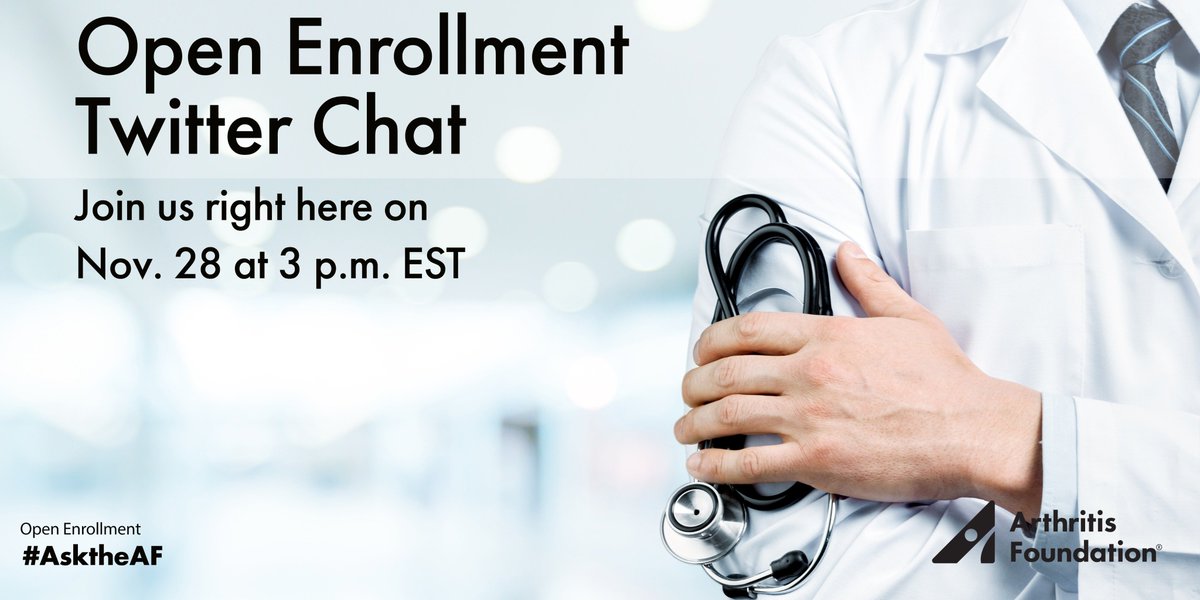 ArthritisFdn's tweet photo. Mark your calendar to join us Nov. 28 at 3 p.m. EST to ask your questions and share concerns about #OpenEnrollment. We’ll have a team ready to answer your questions! #AskTheAF #AdvocateforArthritis https://t.co/7OThJlEw7B