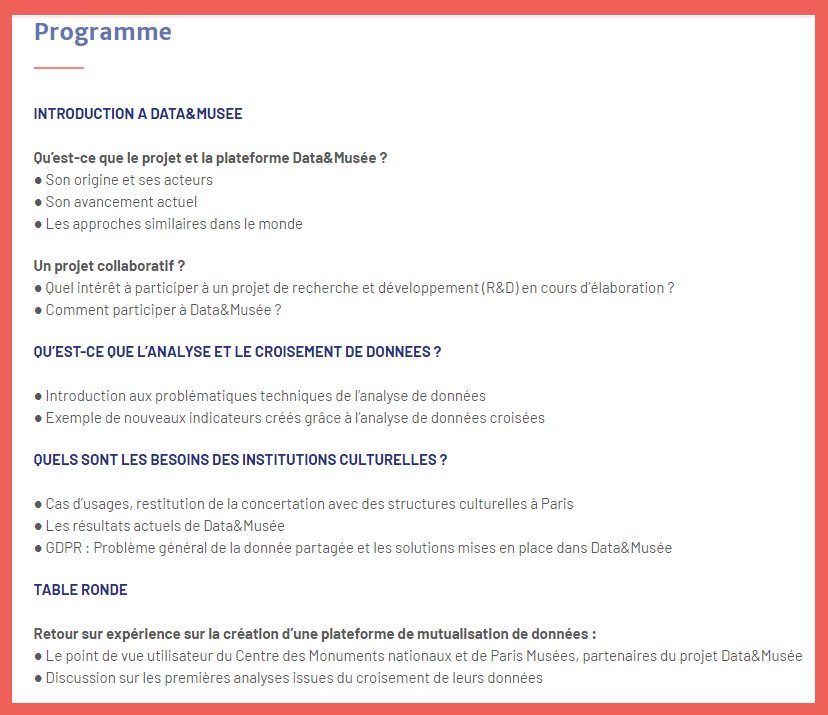 Atelier "Mutualisation et exploitation des données des structures culturelles"  pour découvrir le projet <a href="/DataMusee/">Data&Musée</a> qui met les #data au service de la #culture, avec l'intervention de <a href="/Mr_Philipe/">Philippe R</a> de Paris Musées ! Le 12/12 à 14h au <a href="/MinistereCC/">Ministère de la Culture 🇫🇷</a>
➡bit.ly/2SU9OfH