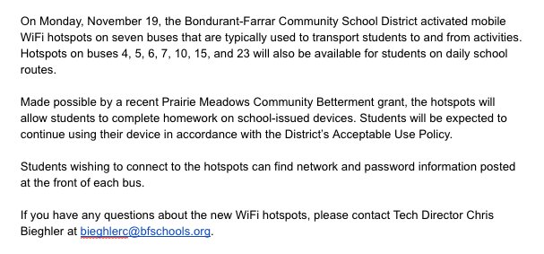 Wifi on 7 activity buses?  Check! Thanks to Chris Bieghler, @STEMbluejay and <a href="/BluejayTeacher/">Kyle Seidl</a>  for getting the grant to make this happen. See details in the screenshot attached. <a href="/BF_District/">Bondurant-Farrar CSD</a> @BFHS_News @BFMStweets