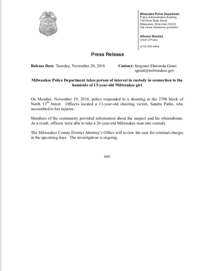 MilwaukeePolice's tweet photo. MPD takes person of interest into custody in connection to Homicide of 13-year-old Milwaukee girl https://t.co/hO5UtzUtpT