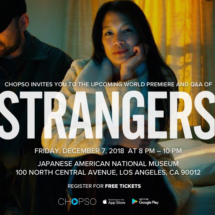 chopsotv's tweet photo. Join us for a FREE screening of STRANGERS followed by Q&amp;A with MICHAEL AKI and EUGENIA YUAN.⁣
⁣
Fri, Dec. 7, 2018 at 8 PM – 10 PM⁣

Japanese American National Museum
100 North Central Avenue, Los Angeles, CA 90012

Register for Free Tickets via JANM https://t.co/kGuRG5e29y https://t.co/kbWgrnd2U8