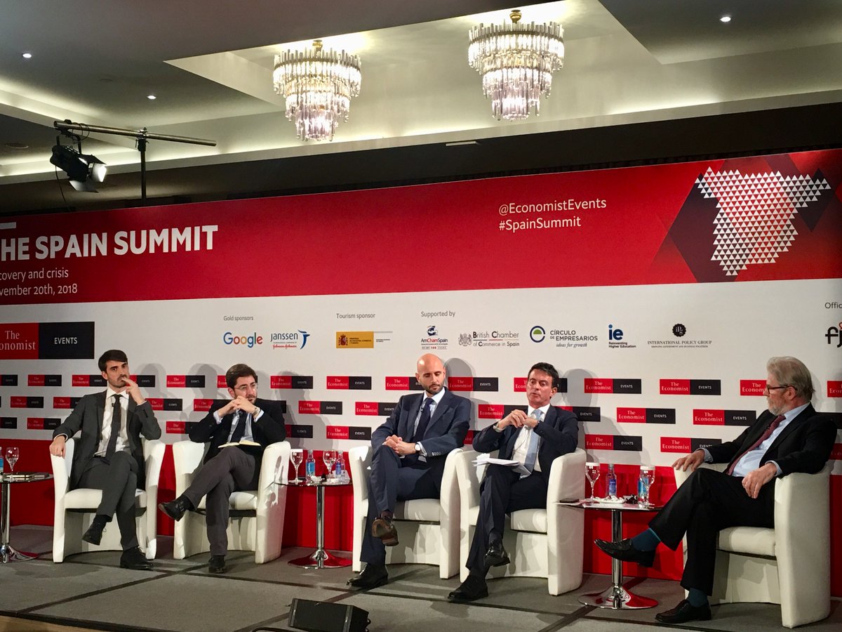 EconomistEvents's tweet photo. Closing session at @EconomistEvents #SpainSummit The two-party system in Spanish politics is dead. What's next? Join the debate @EconomistEvents with @manuelvalls @abarrous @TeneoIntel @kanciller and Manuel Muñiz @Kennedy_School https://t.co/zI7n3V7rR6
