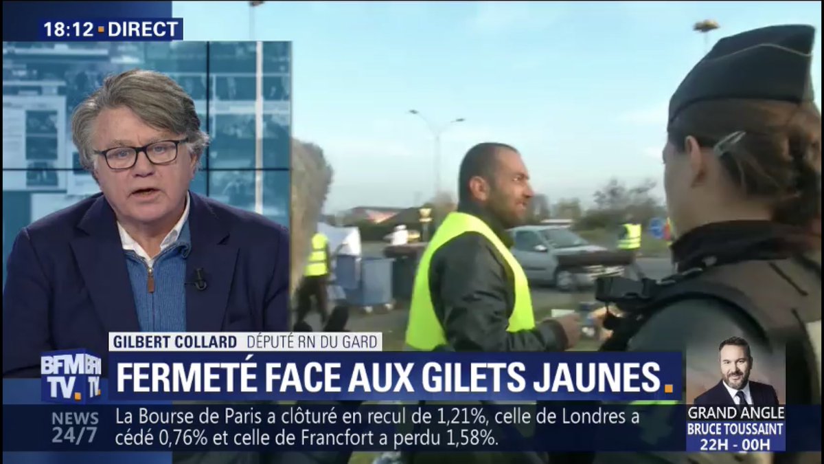 GilbertCollard's tweet photo. « Est-ce qu’on a déjà vu un tel déploiement de force contre des gens qui ne sont pas méchants ? » #GiletsJaunes #BFMStory https://t.co/NwT3q82fr1