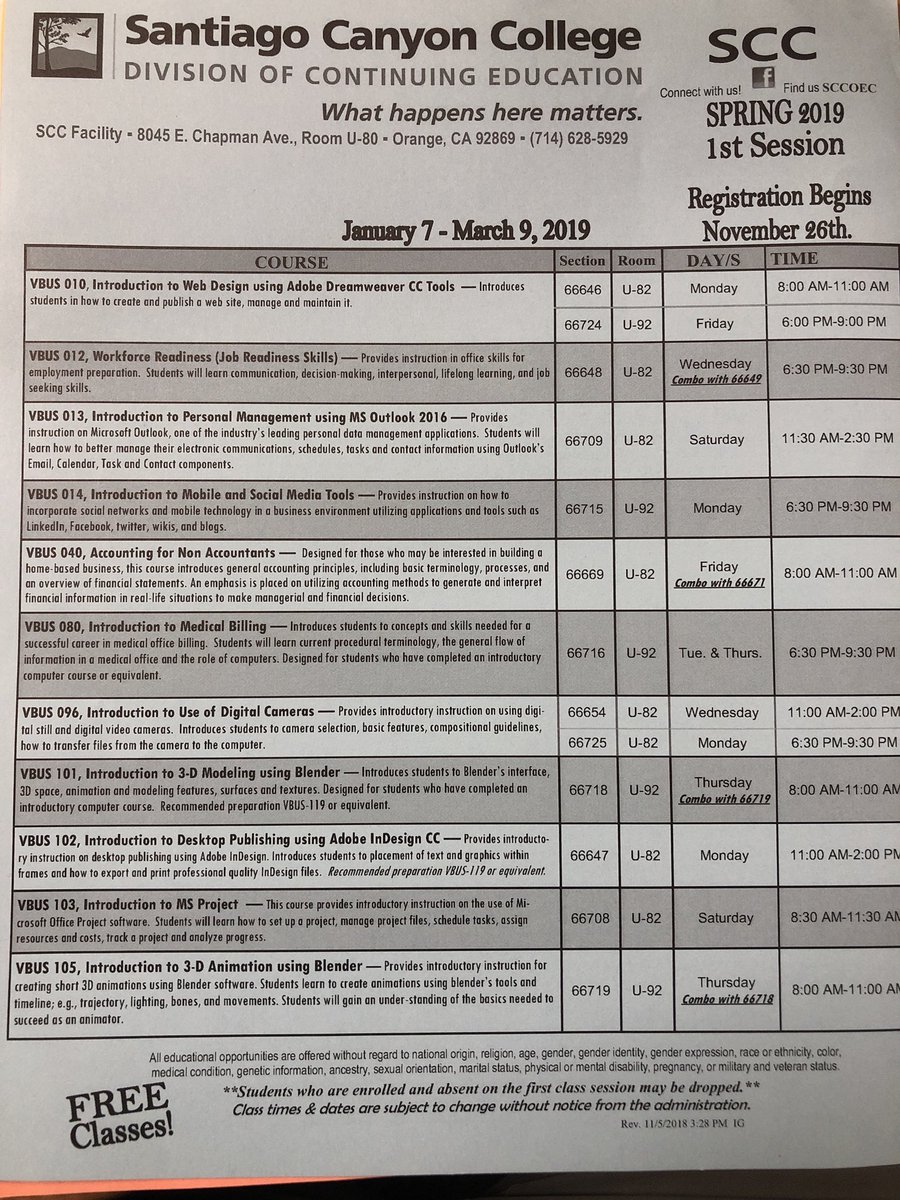 Hello everyone living in the OC! Anyone looking to learn the basics of web design, photoshop, and social media marketing...look no further. FREE courses are offered at Orange Coast College! See picture: #socialmediaclassOEC #freeclasses #FreeComputerClasses #OEC #SCC