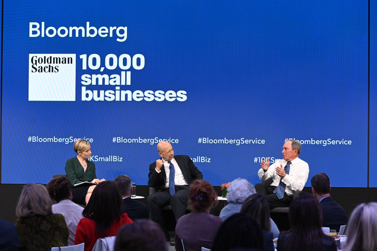 MikeBloomberg's tweet photo. Small businesses are the backbone of our economy, with 90% of U.S. companies having less than 20 employees. Great to join @LloydBlankfein & small business owners from around the country at the #10KSmallBiz Coaching Session today. https://t.co/WBxe79w1Ze