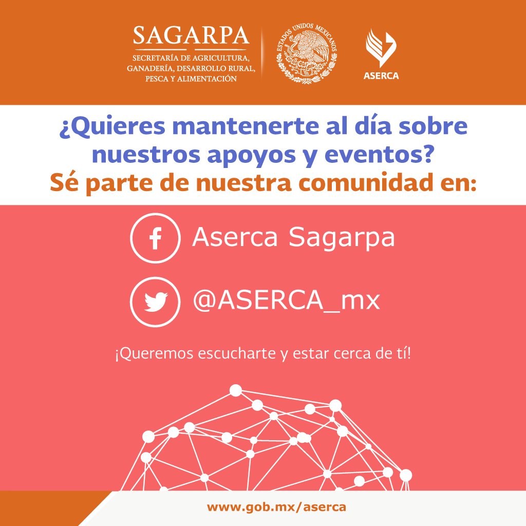 asercamx's tweet photo. #ASERCAte y conoce los programas, reportes, ferias, misiones, fotografías y videos del trabajo que realizamos en #ASERCA, síguenos en nuestras #RedesSociales https://t.co/HZ9I9aOOy5