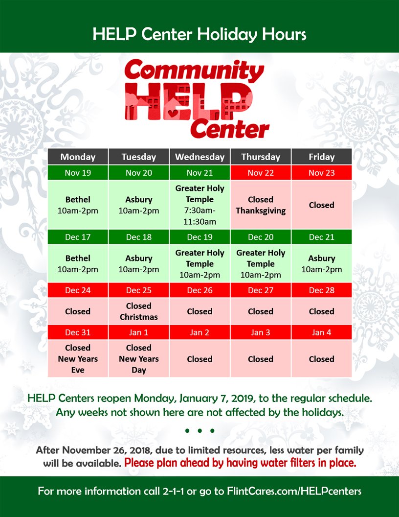 GenHealthSystem's tweet image. Please take note of the Community HELP Centers&apos; holiday schedule. Changes affect next week through early January.

#Thanksgiving #Christmas #NewYears #holiday #schedule #Flint #HELPCenters