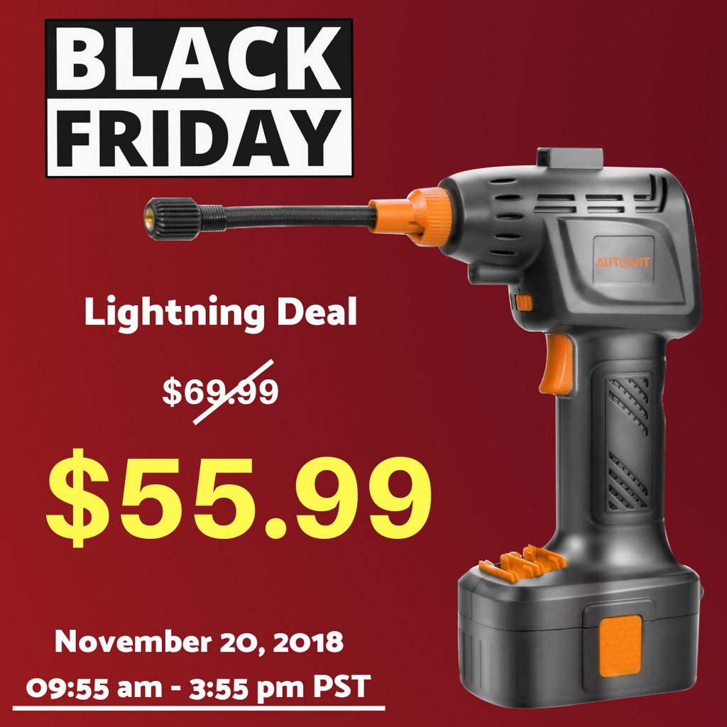 GadgetPlusFans's tweet photo. 💥 #BlackFriday Lightning Deal 💥Autowit Cordless Tire Inflator. Now for just $55.99. Learn more: https://t.co/KNPgAxJGis.
.
.
#genhigh #genhightech autowit #thanksgiving #blackfriday2018 #cybermonday #amazondeals #deals #offer #specialoffer #specialdeal #amazon #tyreinflator https://t.co/JYWsQCHO6l