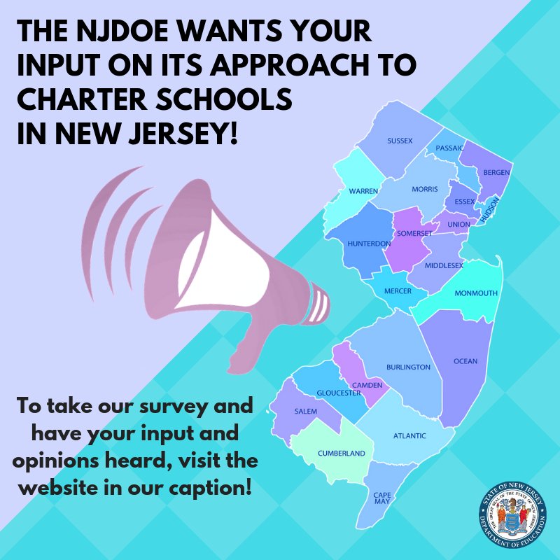 NewJerseyDOE's tweet photo. The NJDOE wants your input on its approach to Charter Schools in New Jersey! To take our survey and have your input &amp; opinions heard, please click here: https://t.co/zhtZIaC5NE https://t.co/VULDE9d8bA