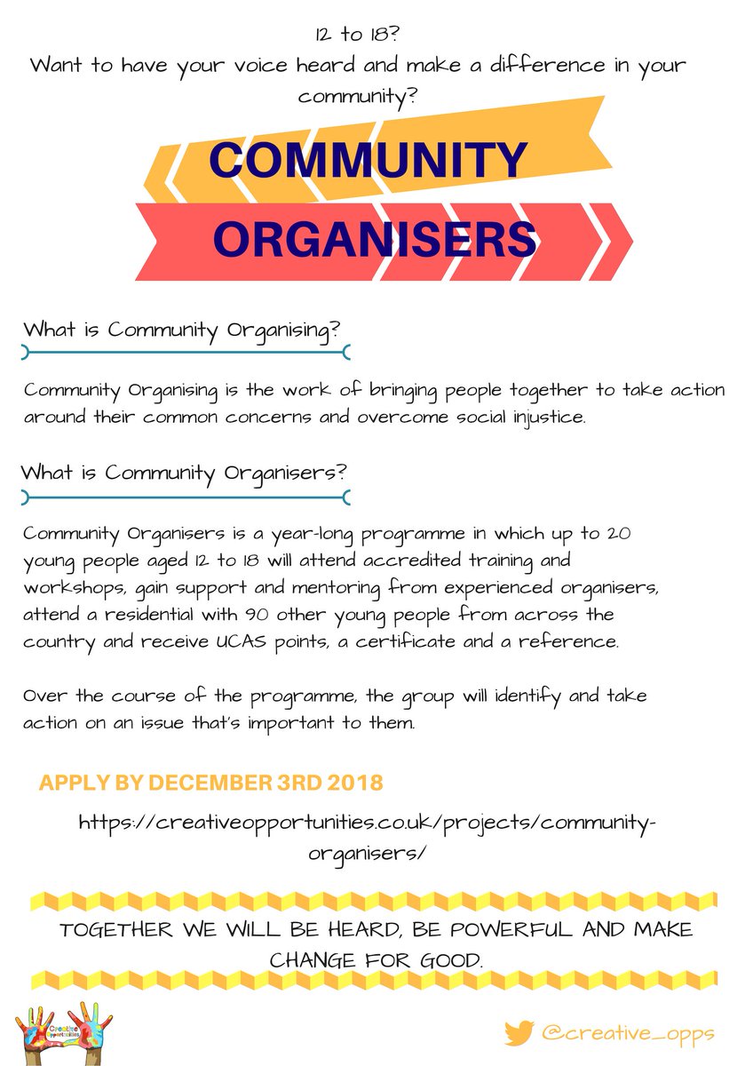 Do you want to make a difference in your community? Earn UCAS points, attend a residential with likeminded young people from across the UK and have your voice heard? Aged 12-18? Become a #CommunityOrganiser

creativeopportunities.co.uk/projects/commu…