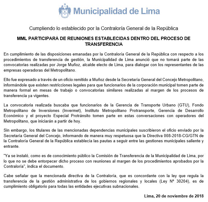 MuniLima's tweet photo. #MMLInforma: MML participará en las reuniones establecidas dentro del proceso de transferencia, en cumplimiento de las disposiciones de la @ContraloriaPeru. https://t.co/oFrgqhDB3h