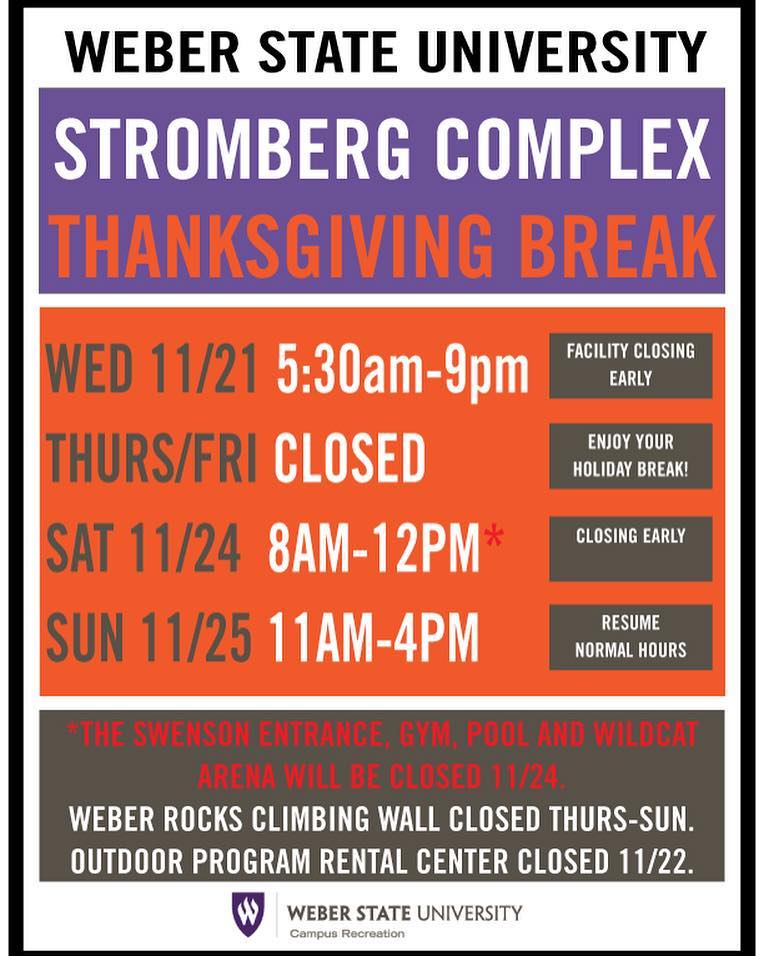 WeberStateU's tweet photo. Eating is priority No. 1 this week, but the gym will be waiting when you're ready to recover.🦃🥔🥐 Take note of @WeberRec's holiday hours. The Davis Fitness Center will close at 6:30 p.m. on Wednesday and will be closed Thursday through Sunday. #WeberRec #WeberState https://t.co/RnsPtSchW9