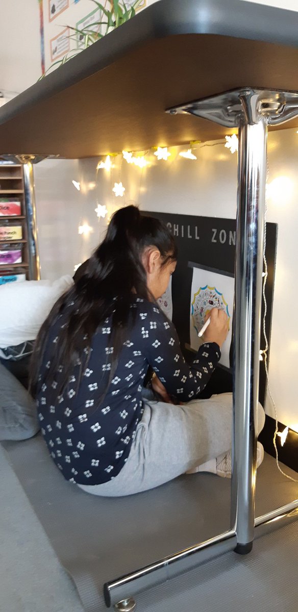 MrsJWilson1's tweet photo. Check out our new "Chill Zone"! It has a yoga mat, a non-permanent vertical surface and mindfulness mandalas. It's a nice little space that the kids are loving! Mindfulness helps us to become ready to learn! @HABschoolCBE @MindfulScholars https://t.co/QgisEha738