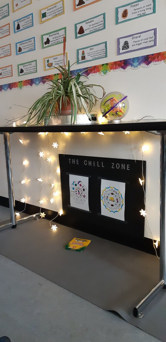 MrsJWilson1's tweet photo. Check out our new "Chill Zone"! It has a yoga mat, a non-permanent vertical surface and mindfulness mandalas. It's a nice little space that the kids are loving! Mindfulness helps us to become ready to learn! @HABschoolCBE @MindfulScholars https://t.co/QgisEha738