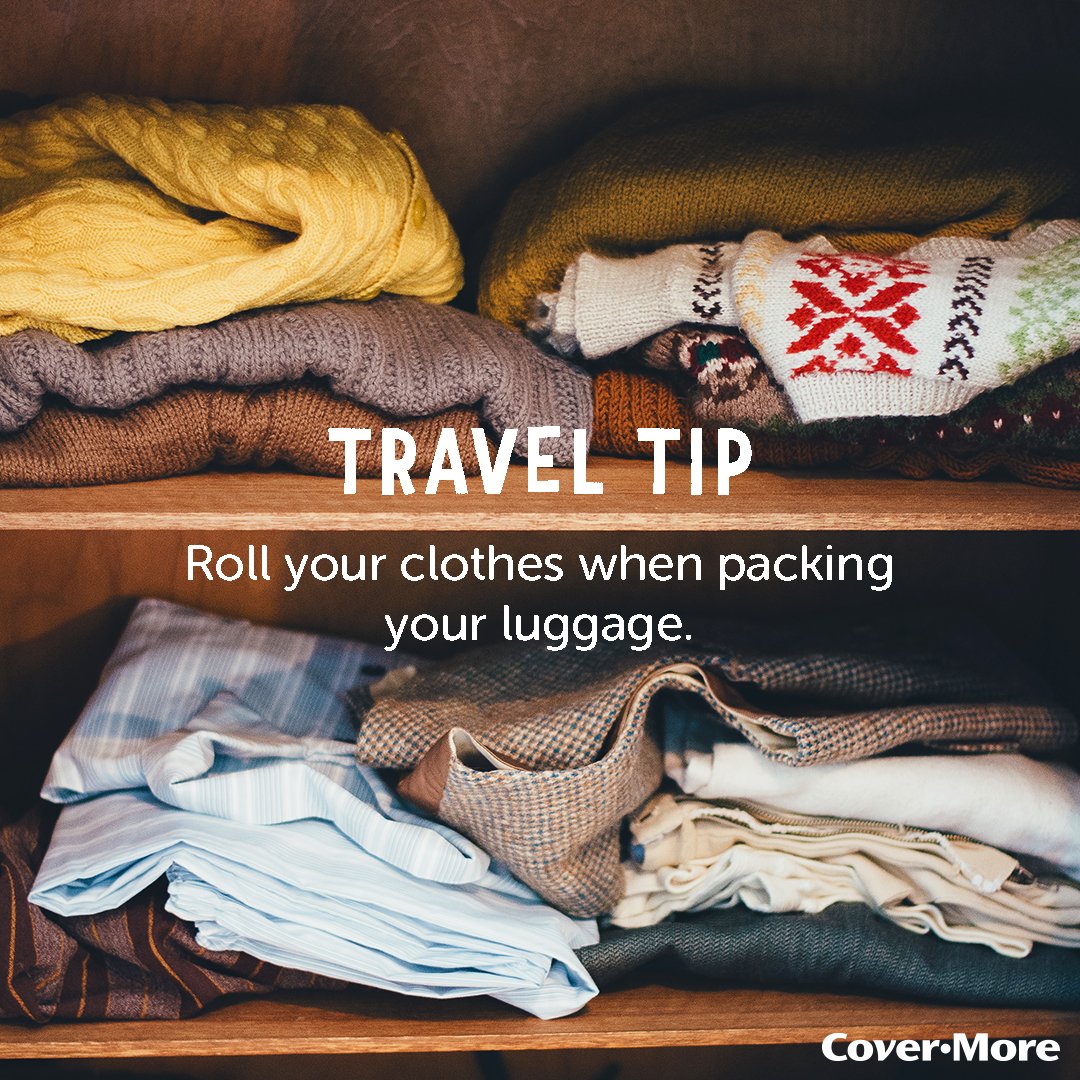 CoverMoreUK's tweet photo. #TravelTip: Roll your clothes when packing your luggage. It saves space in your bag and helps reduce your clothes from wrinkling. https://t.co/8EyJT5T9R4