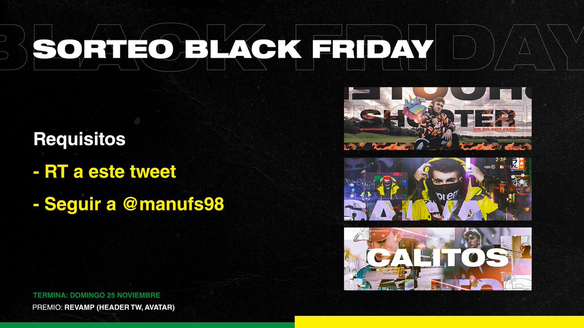 🧡SORTEO BLACK🧡

Da RT y sígueme y entrarás en un sorteo de un REVAMP (header/avatar)😱

Termina 25 noviembre🤪

SUERTE!🥳