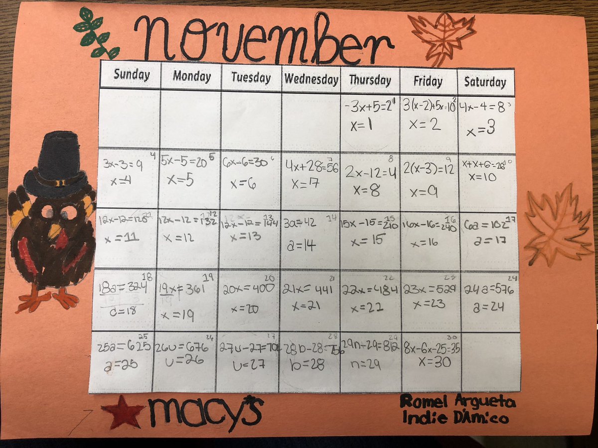 AshleyCastanio's tweet photo. Equation calendars came out awesome! Can’t wait to display them each month for the rest of the year! #ProudToBeLB #mathrules @LBEACHMS https://t.co/rtEzHZ6orr