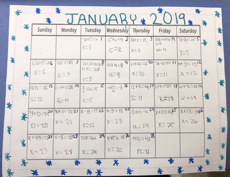AshleyCastanio's tweet photo. Equation calendars came out awesome! Can’t wait to display them each month for the rest of the year! #ProudToBeLB #mathrules @LBEACHMS https://t.co/rtEzHZ6orr