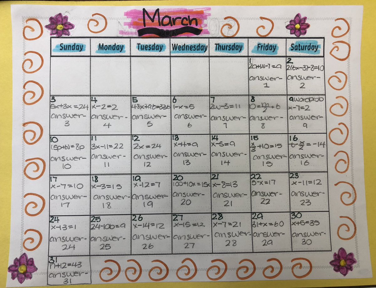 AshleyCastanio's tweet photo. Equation calendars came out awesome! Can’t wait to display them each month for the rest of the year! #ProudToBeLB #mathrules @LBEACHMS https://t.co/rtEzHZ6orr