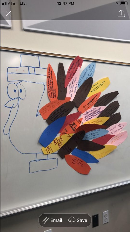 #HappyThanksgiving from our MB Fellows, Ericka and Travis, and their students at @CapitalCityPCS.  Look closely, what do you see on the turkey feathers? @auwcl #Constitution #civicliteracy #ThanksgivingWeek #MarshallBrennan #championwhatmatters #DC