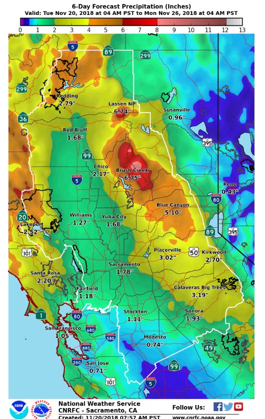 NWSSacramento's tweet photo. Here is the latest thinking on the upcoming multi-day rainfall event (Wednesday through Saturday). Of particular interest are the burn scar areas where ash and debris flows are possible if precipitation is heavy enough. #CAwx #CampFire https://t.co/rJJdyNE1TD