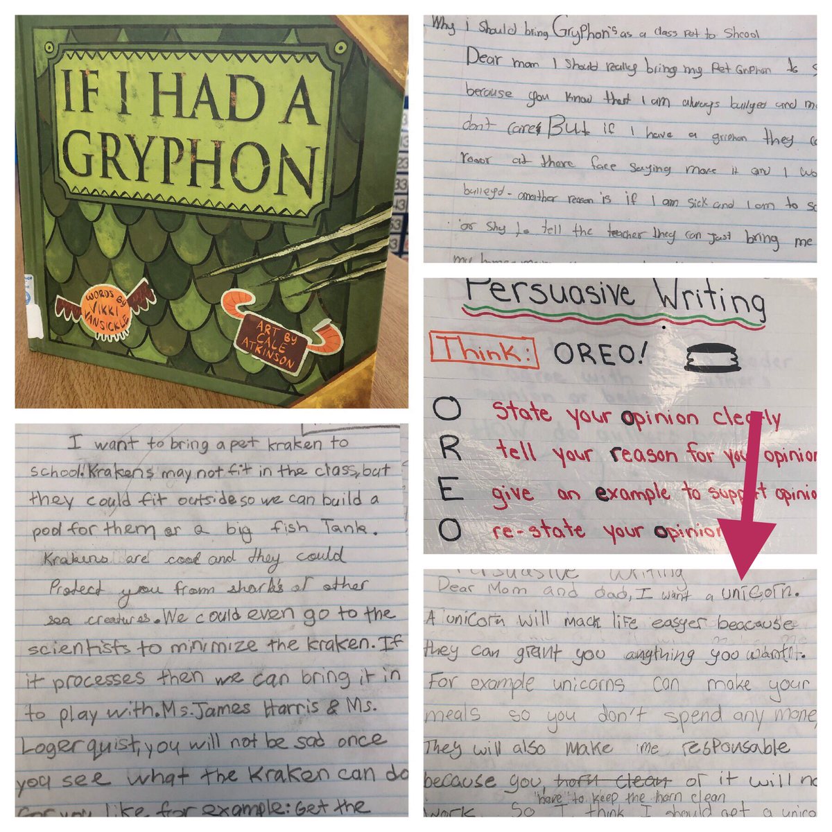 katlager's tweet photo. @Alloa5AB using #IfIHadAGryphon to explore persuasive writing. One group said they wanted a unicorn 🦄 because they “can make your meals” for you. Ummmm, sign me up! @AlloaPS #TextForms I’m also craving #Oreo cookies all of sudden... 🤔 https://t.co/PnvsfsvEWe