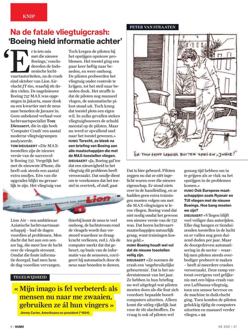 argentomas's tweet image. Een interview in HUMO over de (computer)problemen van de Boeing Max. Wie er vroeg bij was had het al gelezen in #ComputerCrash van @Bitbook_bxl. Een verhaal dat nog een vervolg krijgt.