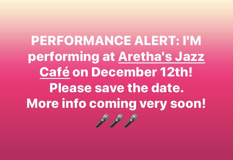 VibrantC08's tweet image. PERFORMANCE ALERT!
Save the date! I’ll be at Aretha’s Jazz Cafe’ inside the #musichalldetroit next month! 
STAY TUNED FOR DETAILS!! 🎤🎤🎤🎤
#singing #performancealert #arethasjazzcafe #chiarasings #rnbsinger #detroitdiva #detroitartist