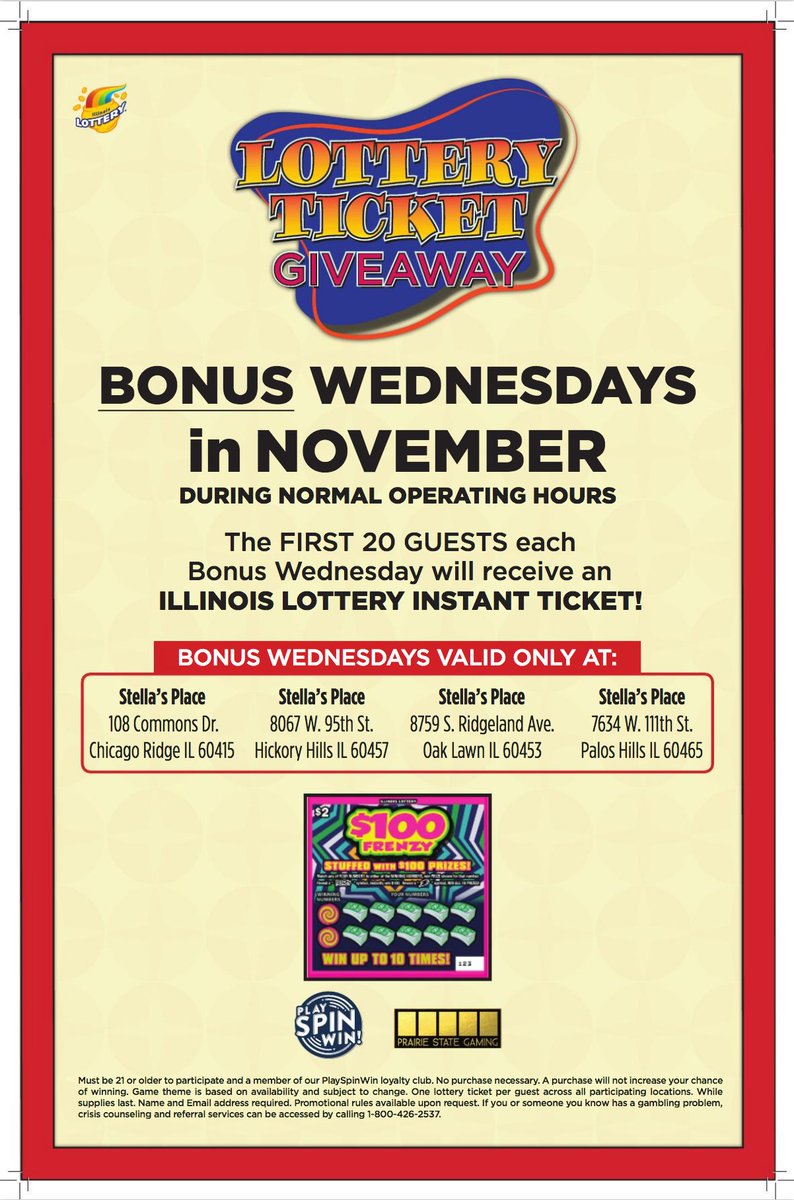 PlaySpinWin's tweet photo. Exclusively at Stella’s Place – Chicago Ridge, Hickory Hills, Oak Lawn and Palos Hills: The first 20 guests every Wednesday in November will receive a $2 instant lottery ticket! https://t.co/rFXaGthRPc