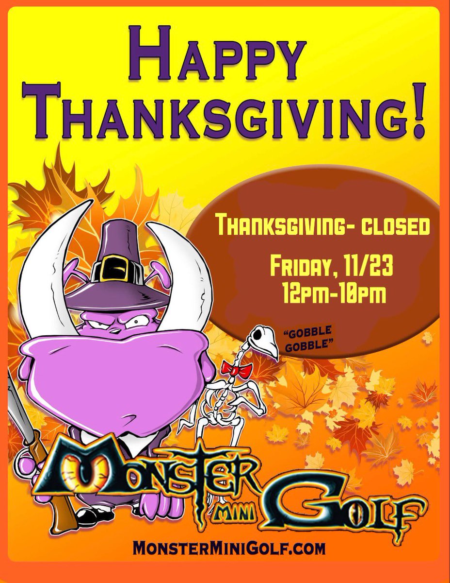 mmgparamus's tweet image. Thanksgiving and Black Friday hours! 🦃 Take a break from shopping and SWING by! 

#monsterminigolfparamus #thanksgiving #blackfriday