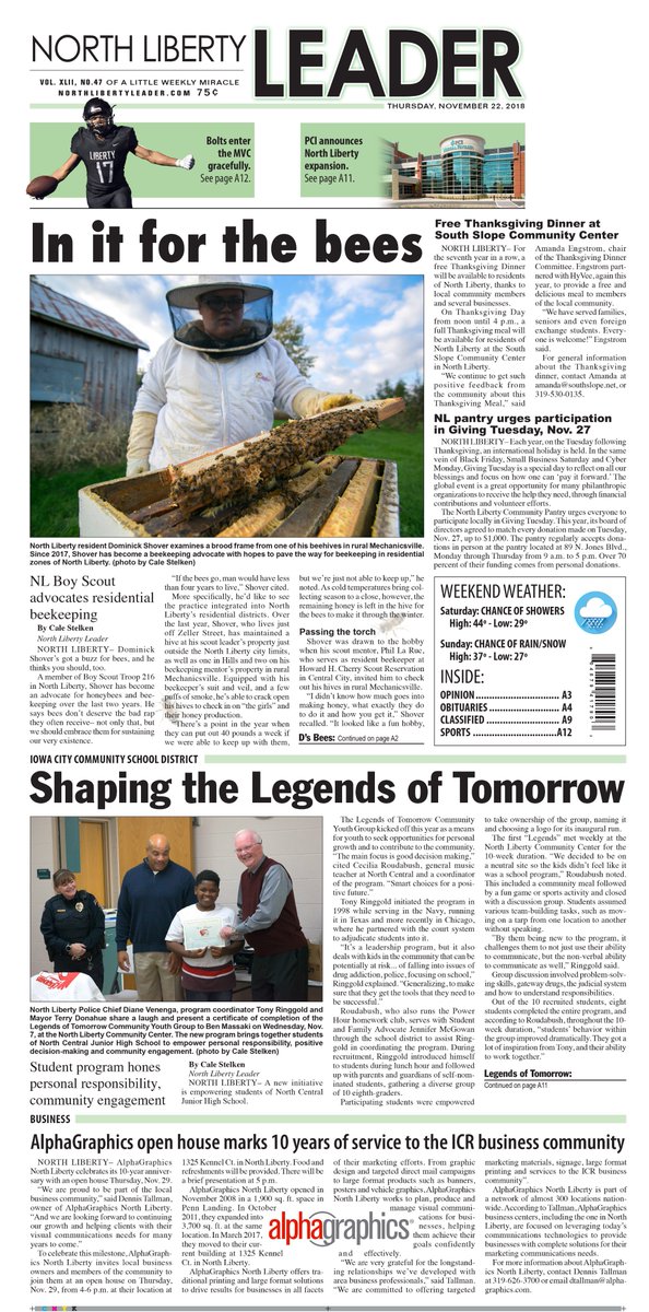 Beekeeping in <a href="/northliberty/">North Liberty</a>, @NCJHKnights's Legends of Tomorrow and more in this week's edition! 

northlibertyleader.com/content/subscr…