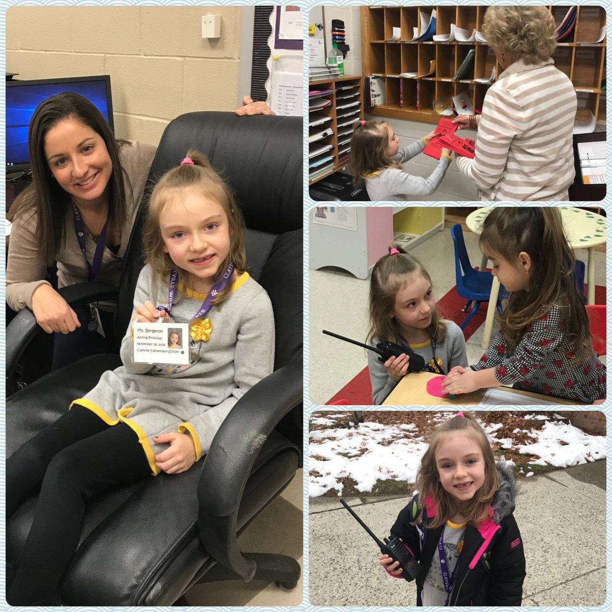 Mrs_Francis7's tweet image. Principal Bergeron had a busy day! She assisted staff in the office, helped students in classrooms, conducted a fire drill, picked out our Core Value of the month book and had bus duty- all with a smile! Neither one of us wanted the day to end! 💜🐾#PrincipalForADay